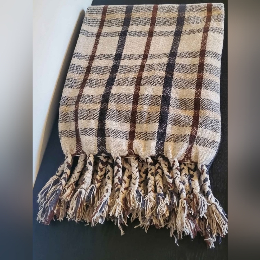 New Woven Cotton Blend Plaid Throw Blanket With Tassels